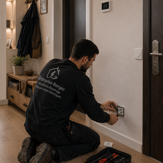 Électricien installant une prise encastrée à Linas