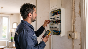 Électricien mettant aux normes une installation électrique à Suresnes