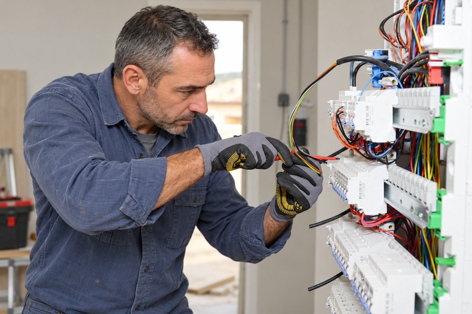 Électricien ganté préparant un conducteur devant un tableau de distribution